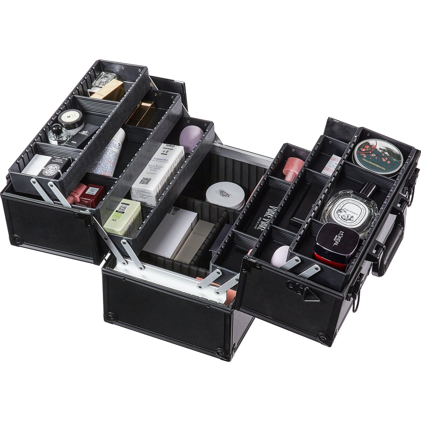 Makeup tågfodral 370 MM Stort bärbart kosmetikafodral, 6 våningsbrickor Professionell sminkförvaringslåda Sminkhållare med handtag och rem Resefodral för kvinnor och flickor - svart
