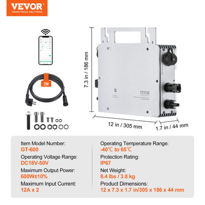 Solar Grid Tie Micro Inverter 600W Vattentät IP67, Solar Micro Inverter Fjärrövervakning via App och WIFI