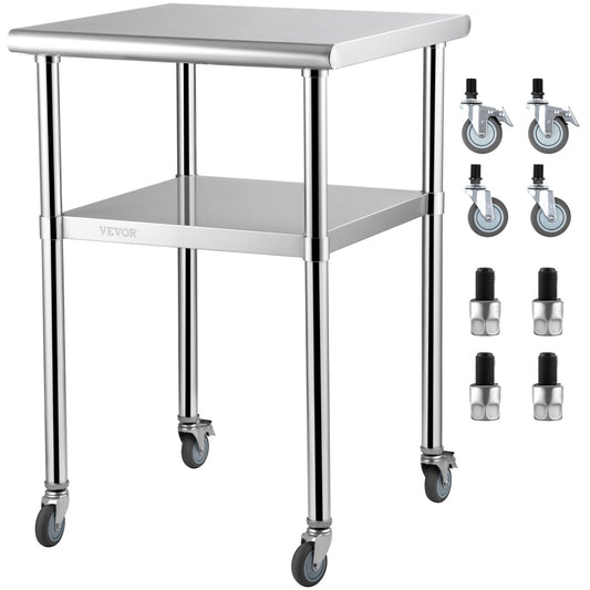 Förberedningsbord i rostfritt stål, 24 x 24 x 36 tum, 600 lbs Lastkapacitet Heavy Duty metallarbetsbord med justerbar underhylla och universella hjul, kommersiell arbetsstation för köksgarage