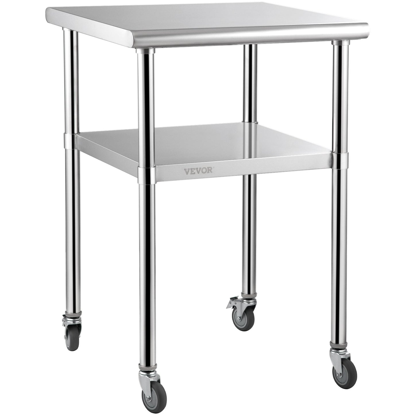 Förberedningsbord i rostfritt stål, 24 x 24 x 36 tum, 600 lbs Lastkapacitet Heavy Duty metallarbetsbord med justerbar underhylla och universella hjul, kommersiell arbetsstation för köksgarage