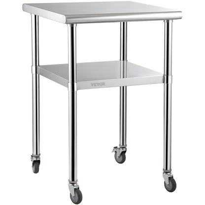 Förberedningsbord i rostfritt stål, 24 x 24 x 36 tum, 600 lbs Lastkapacitet Heavy Duty metallarbetsbord med justerbar underhylla och universella hjul, kommersiell arbetsstation för köksgarage
