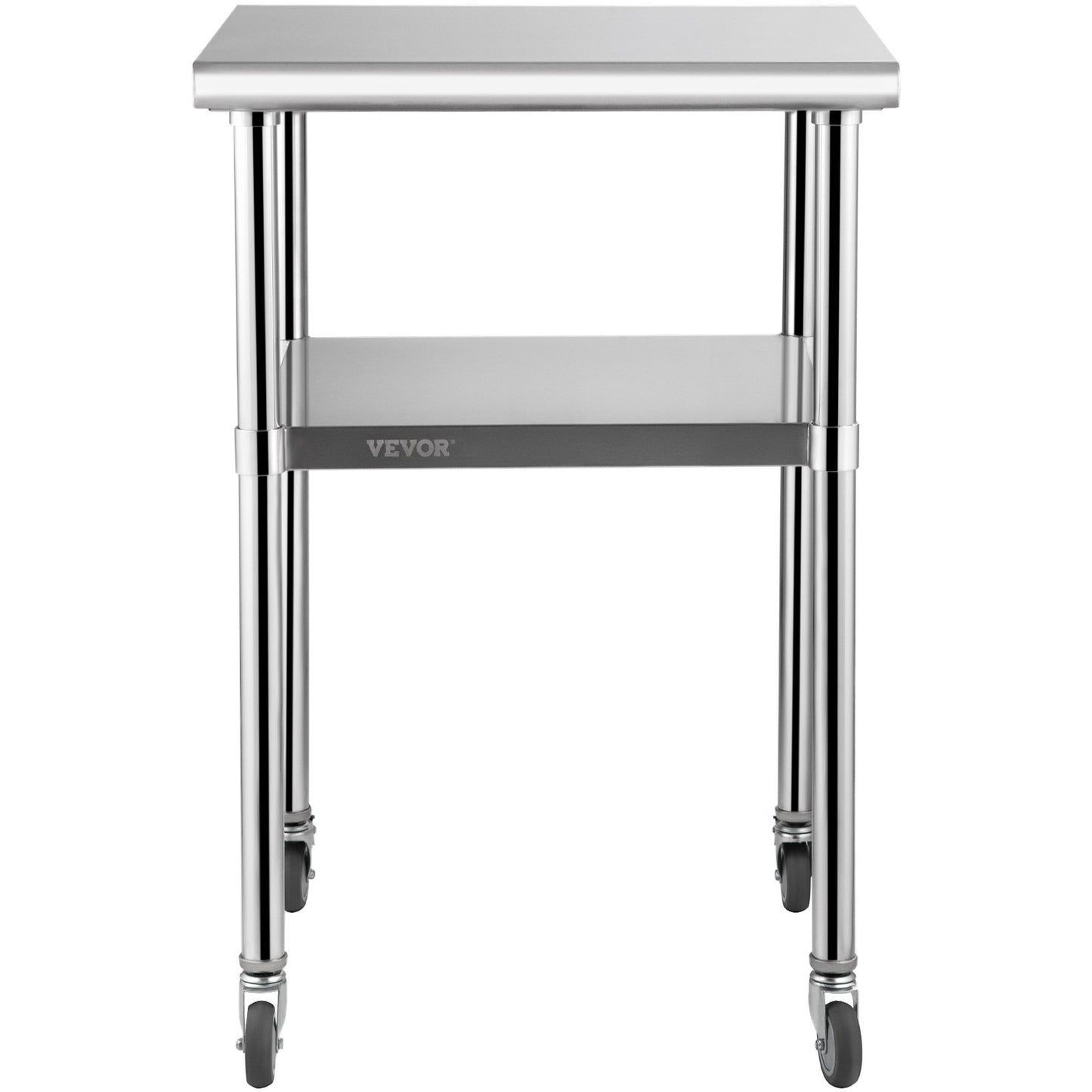 Förberedningsbord i rostfritt stål, 24 x 24 x 36 tum, 600 lbs Lastkapacitet Heavy Duty metallarbetsbord med justerbar underhylla och universella hjul, kommersiell arbetsstation för köksgarage