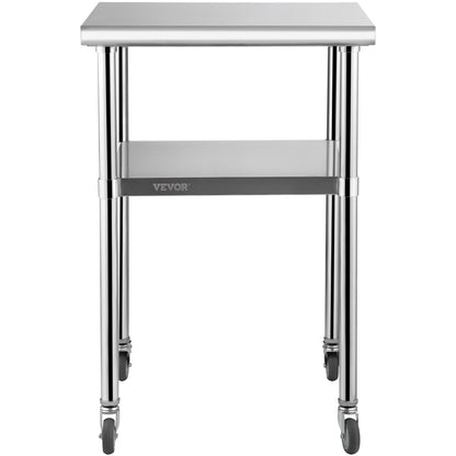 Förberedningsbord i rostfritt stål, 24 x 24 x 36 tum, 600 lbs Lastkapacitet Heavy Duty metallarbetsbord med justerbar underhylla och universella hjul, kommersiell arbetsstation för köksgarage