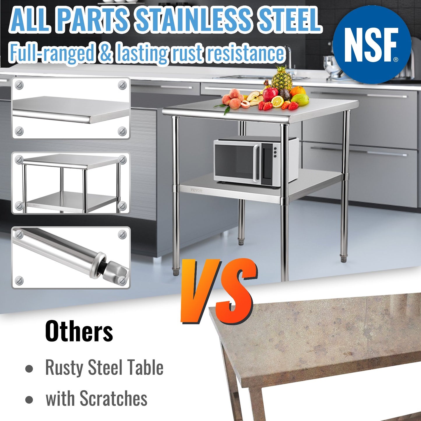 Stainless Steel Prep Table, 30 x 30 x 36 inches, 800 lbs Load Capacity Heavy Duty Metal Work Table with Adjustable Bottom Shelf and Feet, Commercial Workstation for Kitchen Garage Restaurant Backyard