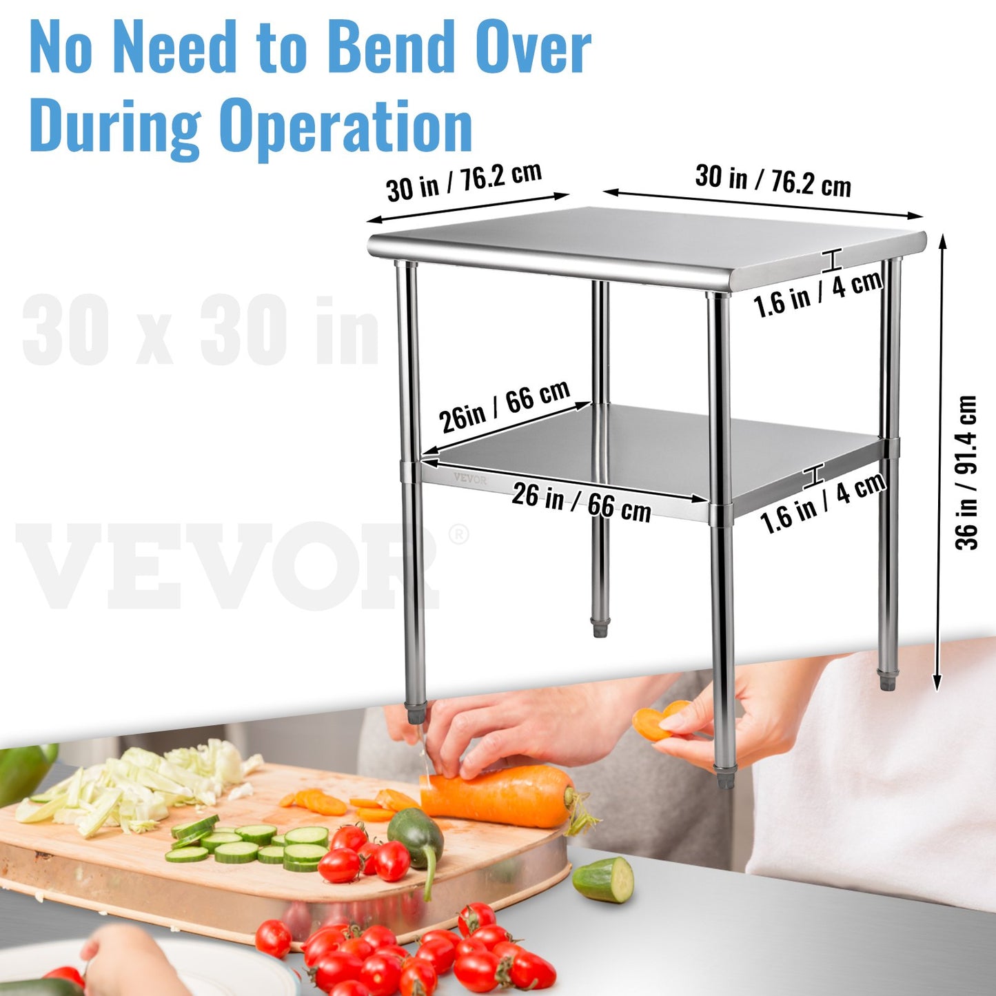 Stainless Steel Prep Table, 30 x 30 x 36 inches, 800 lbs Load Capacity Heavy Duty Metal Work Table with Adjustable Bottom Shelf and Feet, Commercial Workstation for Kitchen Garage Restaurant Backyard