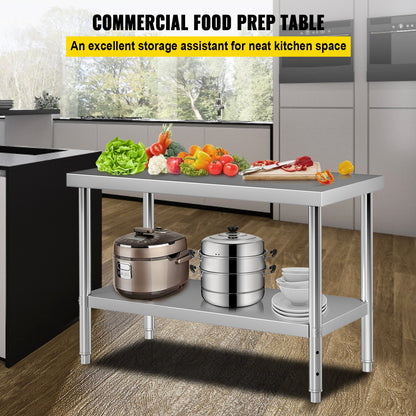 Förberedningsbord i rostfritt stål, 48 x 24 x 34 tum, 550 lbs Lastkapacitet Tungt arbetsbord i metall med justerbar underhylla, kommersiell arbetsstation för kök Restaurang Garage Bakgård