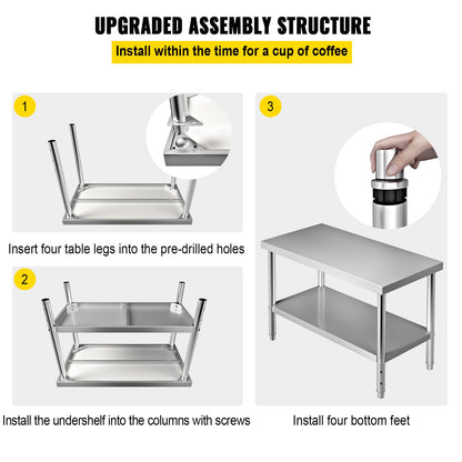 Förberedningsbord i rostfritt stål, 48 x 24 x 34 tum, 550 lbs Lastkapacitet Tungt arbetsbord i metall med justerbar underhylla, kommersiell arbetsstation för kök Restaurang Garage Bakgård