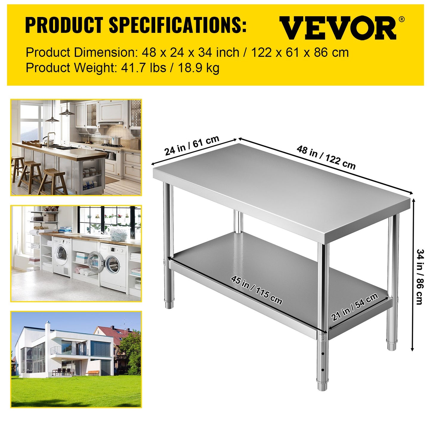 Förberedningsbord i rostfritt stål, 48 x 24 x 34 tum, 550 lbs Lastkapacitet Tungt arbetsbord i metall med justerbar underhylla, kommersiell arbetsstation för kök Restaurang Garage Bakgård