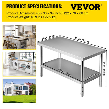 Förberedningsbord i rostfritt stål, 48 x 30 x 34 tum, 550 lbs Lastkapacitet Heavy Duty metallarbetsbord med justerbar underhylla, kommersiell arbetsstation för kök Restaurang Garage Bakgård