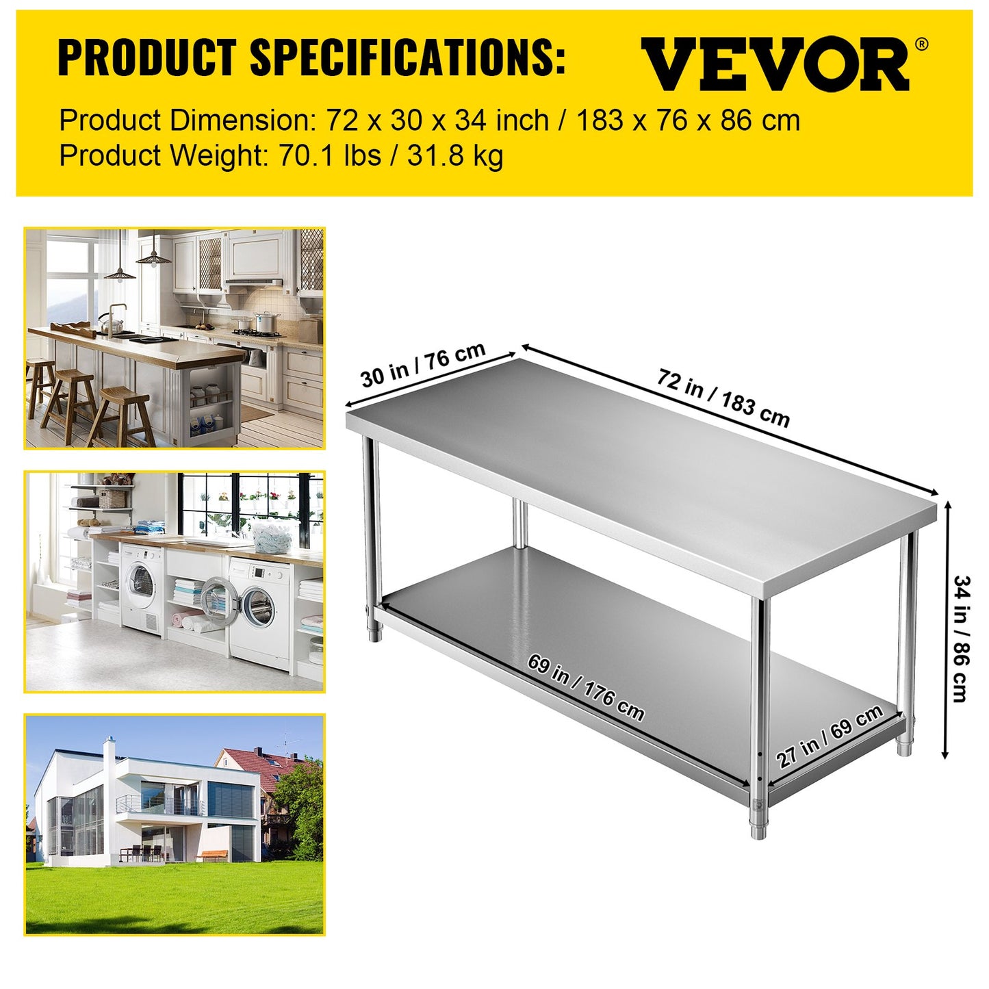 Förberedelsebord i rostfritt stål, 72 x 30 x 34 tum, 550 lbs Lastkapacitet Tungt arbetsbord i metall med justerbar underhylla, kommersiell arbetsstation för kök Restaurang Garage Bakgård