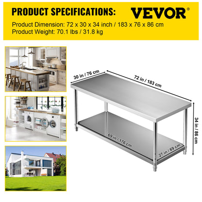 Förberedelsebord i rostfritt stål, 72 x 30 x 34 tum, 550 lbs Lastkapacitet Tungt arbetsbord i metall med justerbar underhylla, kommersiell arbetsstation för kök Restaurang Garage Bakgård
