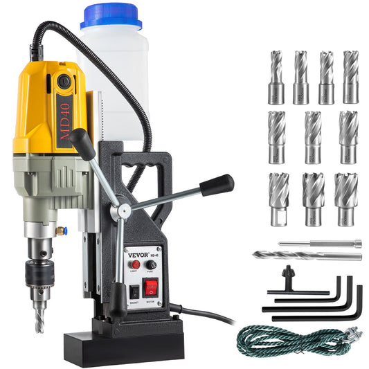 Magnetic Drill Press, 1100W 1.57" Drill Diameter, 2697lbf/12000N Portable Electric Mag Drill Press with 12 Bits, 580rpm Max Speed Drill for All Surfaces and Home Improvement