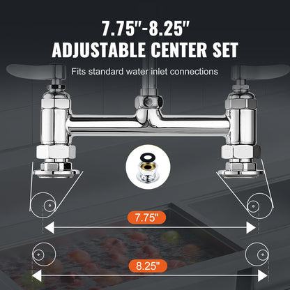 Kommersiell kran med försköljningsspruta, 44" höjd, 8" center, 12" svängpip, däckmonterad diskbänkskran, mässingskonstruerad enhet med neddragbar spray, för 1/2/3 fack diskbänk