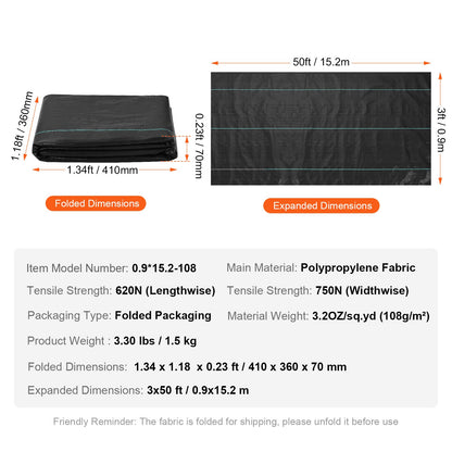 3FTx50FT Premium Heavy Duty Weed Barrier Landscape Fabric, 3.2OZ Woven Geotextile Fabric Under Gravel, High Permeability for Weed Blocking Weed Mat, Driveway Fabric, Weed Control Garden Fabric