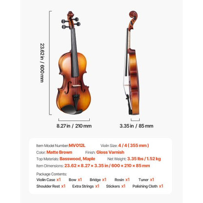 Violin set 355 mm for beginners with case in brown raisin | EU