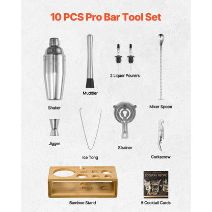 Cocktailshakerset 10 delar bartenderkit rostfritt stål barverktyg silver |  EU