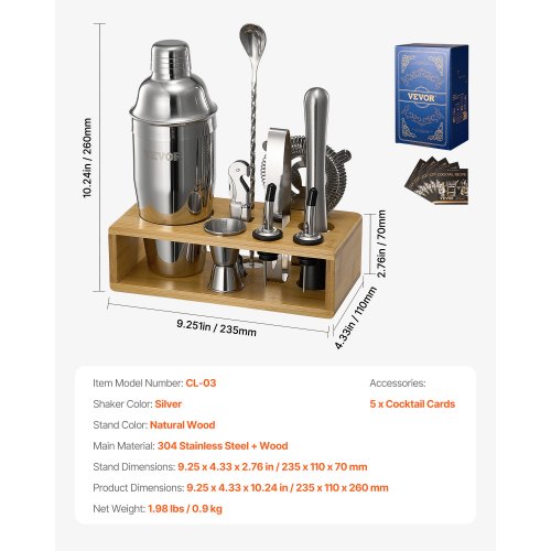 Cocktailshakerset 10 delar bartenderkit rostfritt stål barverktyg silver |  EU