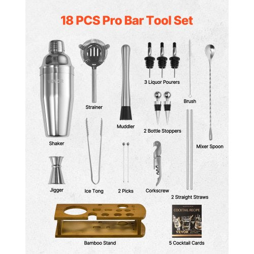 Cocktail Shaker Set 18 Pieces Bartender Kit Stainless Steel Bar Tools Silver | EU