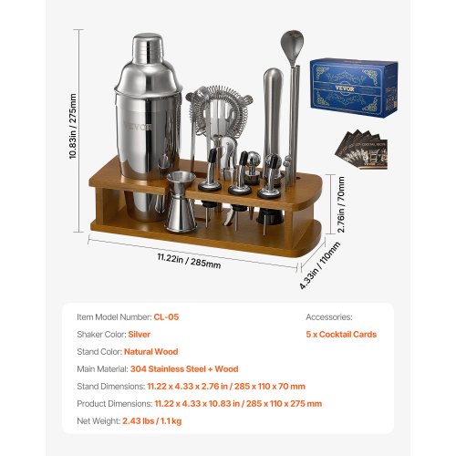 Cocktail Shaker Set 18 Pieces Bartender Kit Stainless Steel Bar Tools Silver | EU