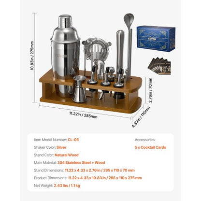 Cocktail Shaker Set 18 Pieces Bartender Kit Stainless Steel Bar Tools Silver | EU