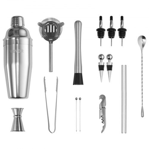 Cocktail Shaker Set 18 Pieces Bartender Kit Stainless Steel Bar Tools Silver | EU