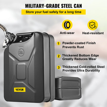 Jerry bränsledunk, 5,3 gallon / 20 L bärbar jerry bensindunk med flexibelt pipsystem, rostsäker & värmebeständig bränsletank i stål för bilar Lastbilsutrustning, svart