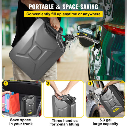 Jerry bränsledunk, 5,3 gallon / 20 L bärbar jerry bensindunk med flexibelt pipsystem, rostsäker & värmebeständig bränsletank i stål för bilar Lastbilsutrustning, svart