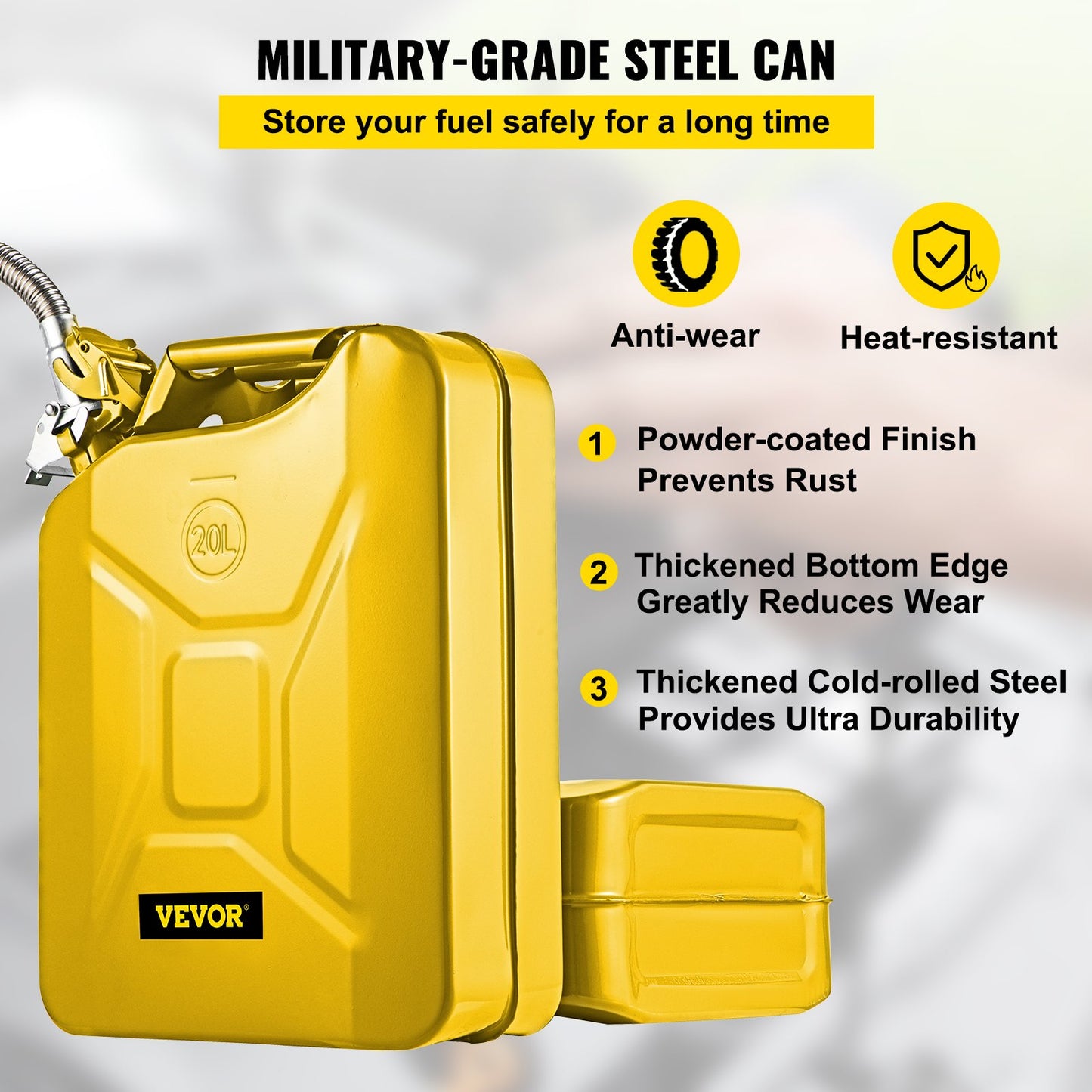 Jerry bränslekanna, 5,3 gallon / 20 L bärbar jerry bensinburk med flexibelt pipsystem, rostsäker & värmebeständig bränsletank i stål för bilar Lastbilsutrustning, gul