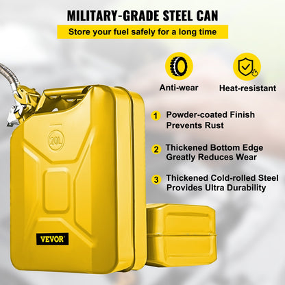 Jerry bränslekanna, 5,3 gallon / 20 L bärbar jerry bensinburk med flexibelt pipsystem, rostsäker & värmebeständig bränsletank i stål för bilar Lastbilsutrustning, gul