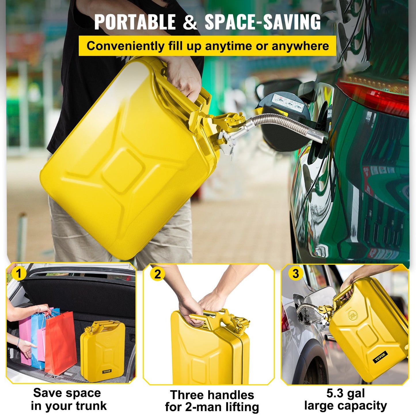 Jerry bränslekanna, 5,3 gallon / 20 L bärbar jerry bensinburk med flexibelt pipsystem, rostsäker & värmebeständig bränsletank i stål för bilar Lastbilsutrustning, gul