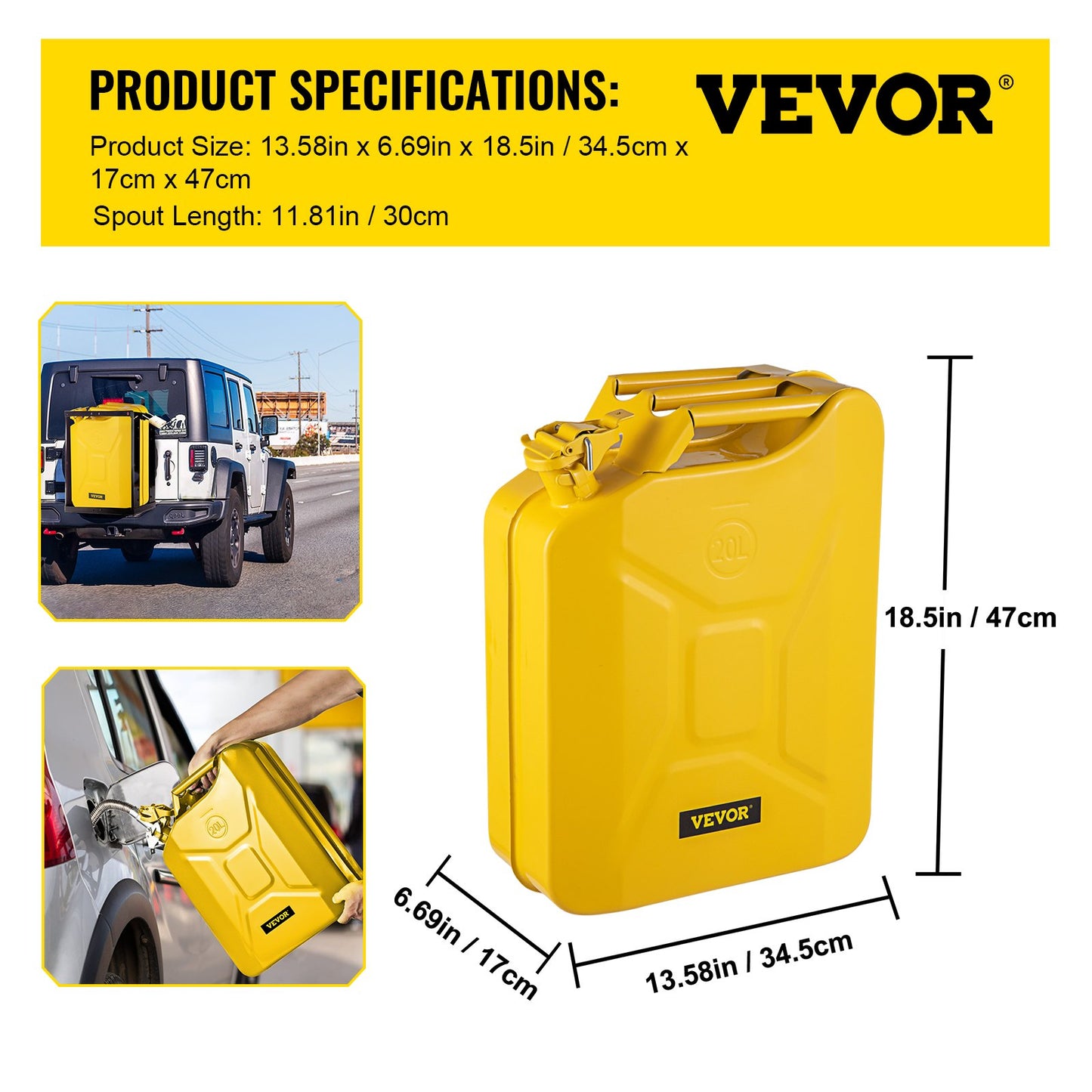 Jerry bränslekanna, 5,3 gallon / 20 L bärbar jerry bensinburk med flexibelt pipsystem, rostsäker & värmebeständig bränsletank i stål för bilar Lastbilsutrustning, gul