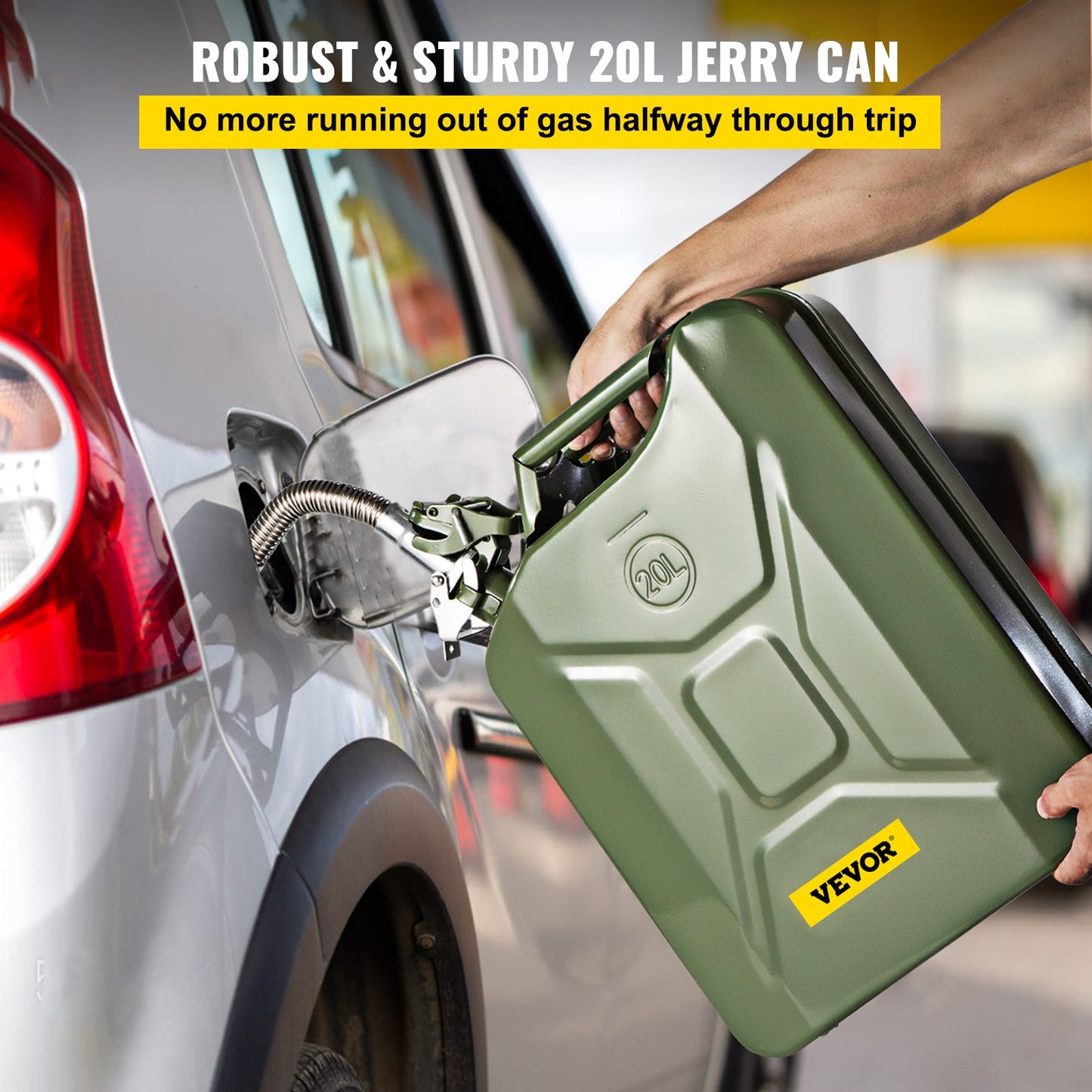 Jerry bränsledunk, 5,3 gallon / 20 L bärbar jerry gasdunk med flexibelt pipsystem, rostsäker & värmebeständig stålbränsletank för bilar Lastbilsutrustning, grön