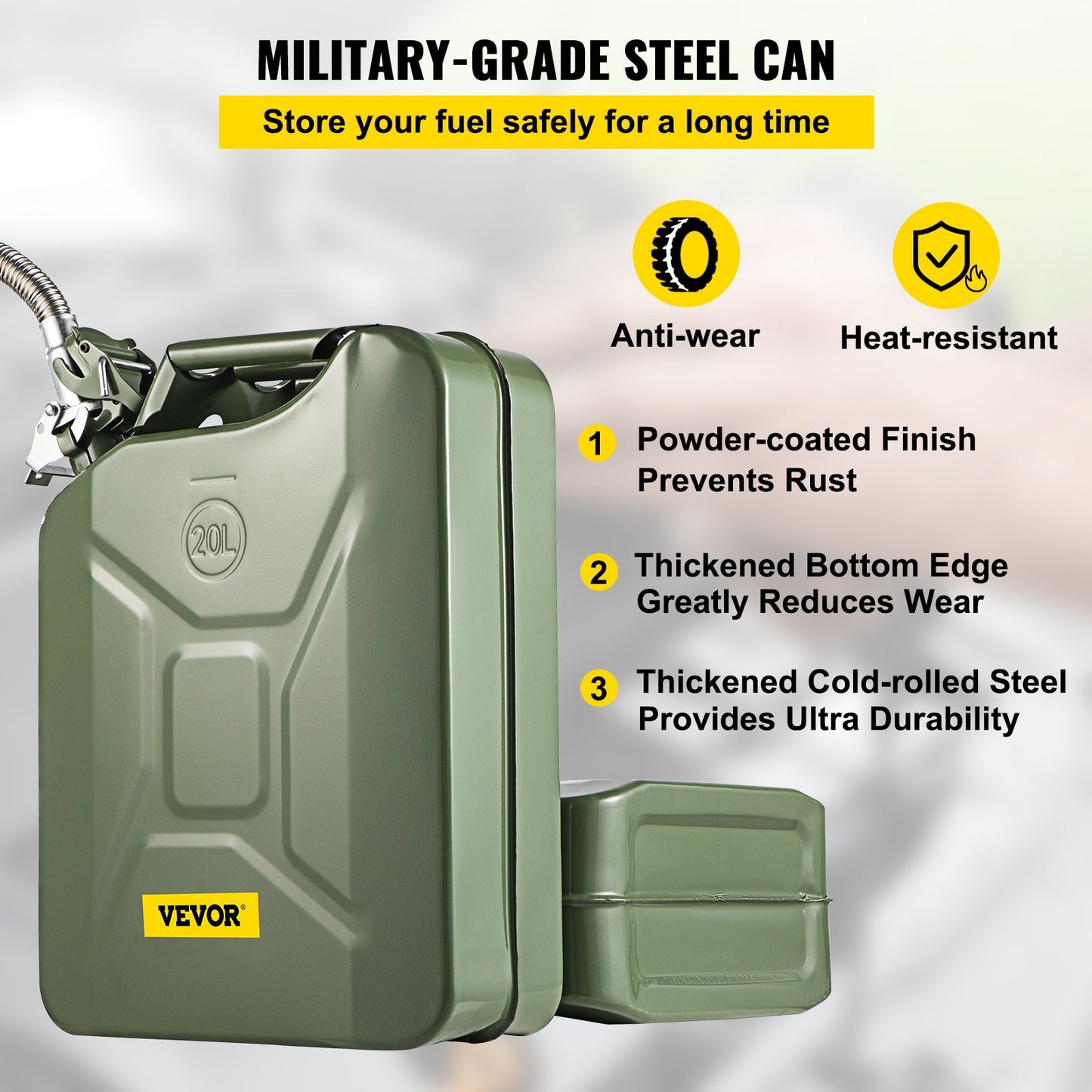 Jerry bränsledunk, 5,3 gallon / 20 L bärbar jerry gasdunk med flexibelt pipsystem, rostsäker & värmebeständig stålbränsletank för bilar Lastbilsutrustning, grön