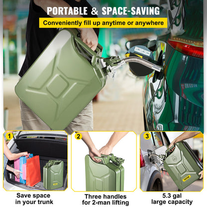 Jerry bränsledunk, 5,3 gallon / 20 L bärbar jerry gasdunk med flexibelt pipsystem, rostsäker & värmebeständig stålbränsletank för bilar Lastbilsutrustning, grön