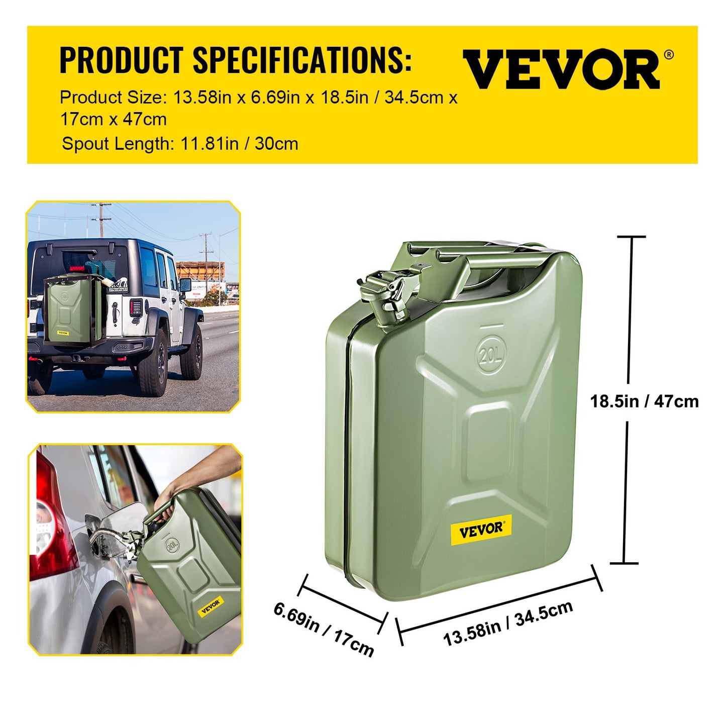 Jerry bränsledunk, 5,3 gallon / 20 L bärbar jerry gasdunk med flexibelt pipsystem, rostsäker & värmebeständig stålbränsletank för bilar Lastbilsutrustning, grön