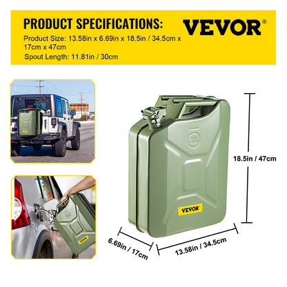 Jerry bränsledunk, 5,3 gallon / 20 L bärbar jerry gasdunk med flexibelt pipsystem, rostsäker & värmebeständig stålbränsletank för bilar Lastbilsutrustning, grön
