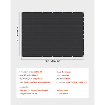 90% Sunscreen Fabric 10 x 12 Feet for Patio and Garden (Black)