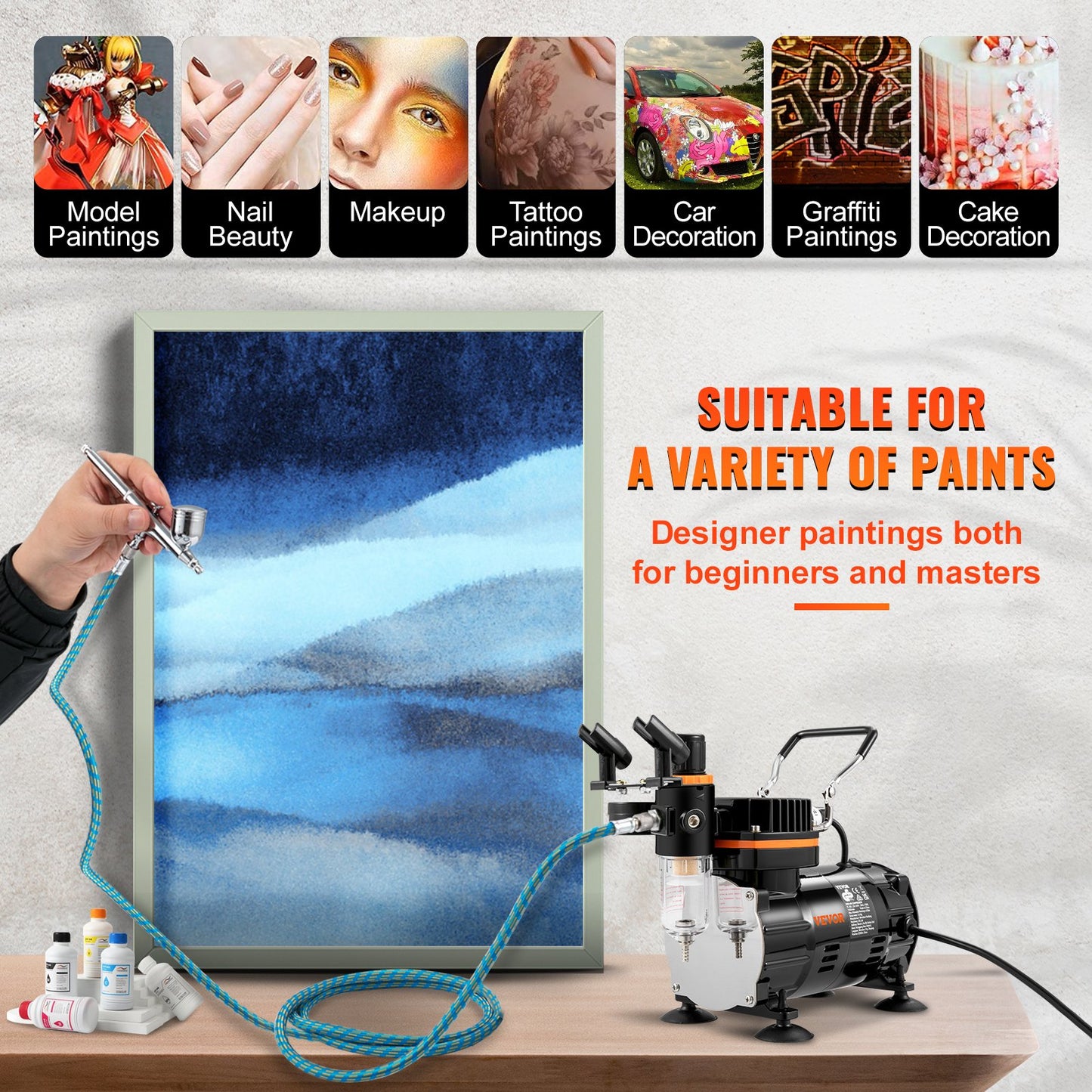 Airbrush-Kit, professionelles Airbrush-Set mit Kompressor, Airbrush-System-Kit mit Mehrzweck-Airbrushes mit Doppelwirkung und Schwerkraftzufuhr, Sprühmodell für Kunst, Nägel, Kekse, Tattoos, Make-up, Kuchendekoration