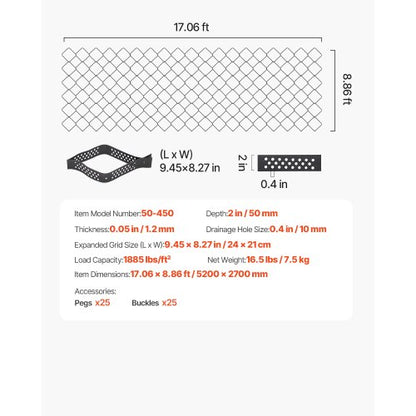 Ground Grid 2-inch Deep Geocell Grid 17.06x8.86 ft / 5200x2700 mm for Gravel
