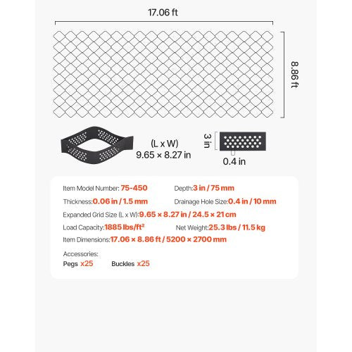 Ground Grid 3-inch Deep Geocell Grid 17.06x8.86 ft / 5200x2700 mm for Gravel