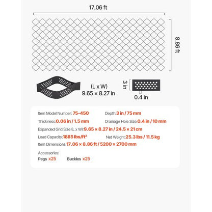 Ground Grid 3-inch Deep Geocell Grid 17.06x8.86 ft / 5200x2700 mm for Gravel