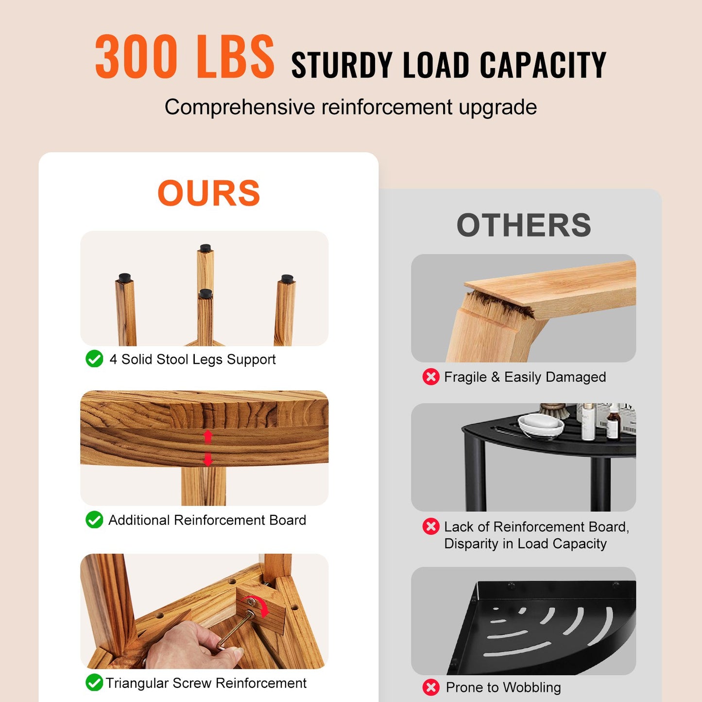 Hörnduschbänk i teak, 12,4 tum höjd 11,5 tum radie, 100 % teak hörnduschstrand, mögelbeständig, 300 LBS med förvaringshylla, duschpall för in- och utedusch, för badrum