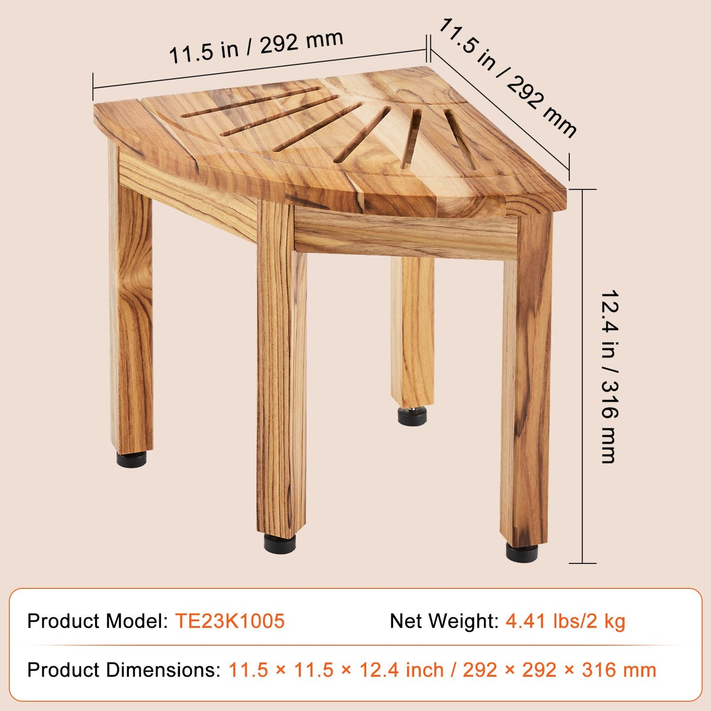 Hörnduschbänk i teak, 12,4 tum höjd 11,5 tum radie, 100 % teak hörnduschstrand, mögelbeständig, 300 LBS med förvaringshylla, duschpall för in- och utedusch, för badrum