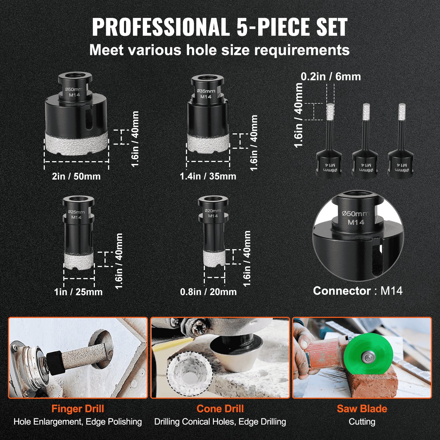 Diamond core drill set, 7 pcs 6/6/6/20/25/35/50 mm diamond hole saw set, with finger milling cutter cone bit saw blade and storage bag for dry and wet, diamond drill bit for ceramic tiles