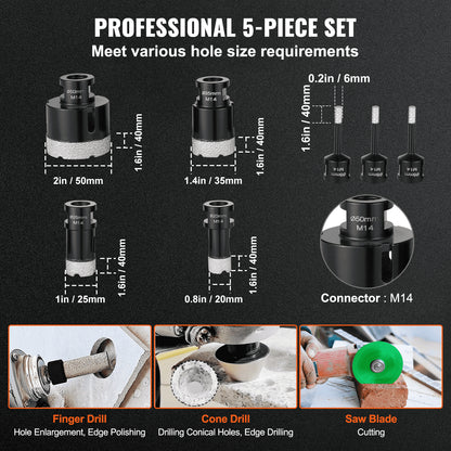 Diamond core drill set, 7 pcs 6/6/6/20/25/35/50 mm diamond hole saw set, with finger milling cutter cone bit saw blade and storage bag for dry and wet, diamond drill bit for ceramic tiles
