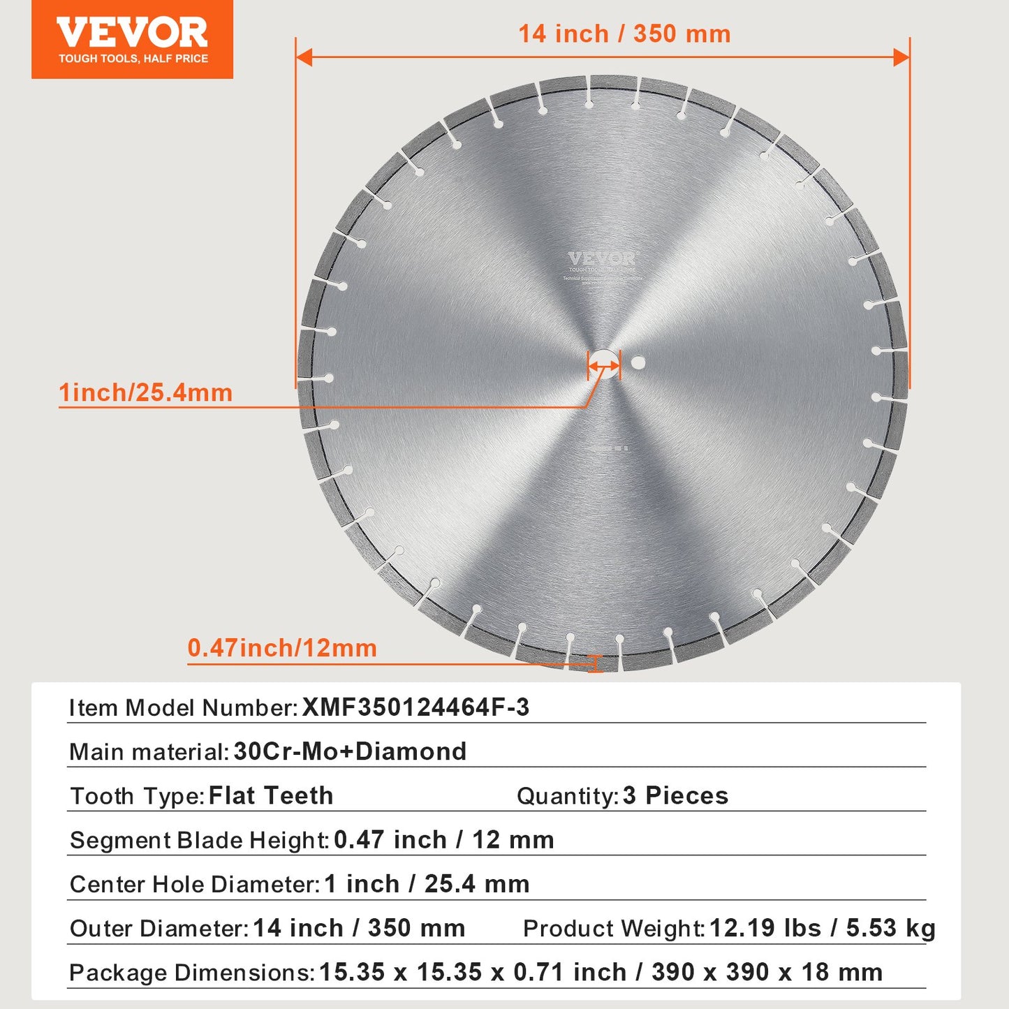 3 ST Diamantblad 14 tums betongsågblad vått eller torrt 0,47 tum platt