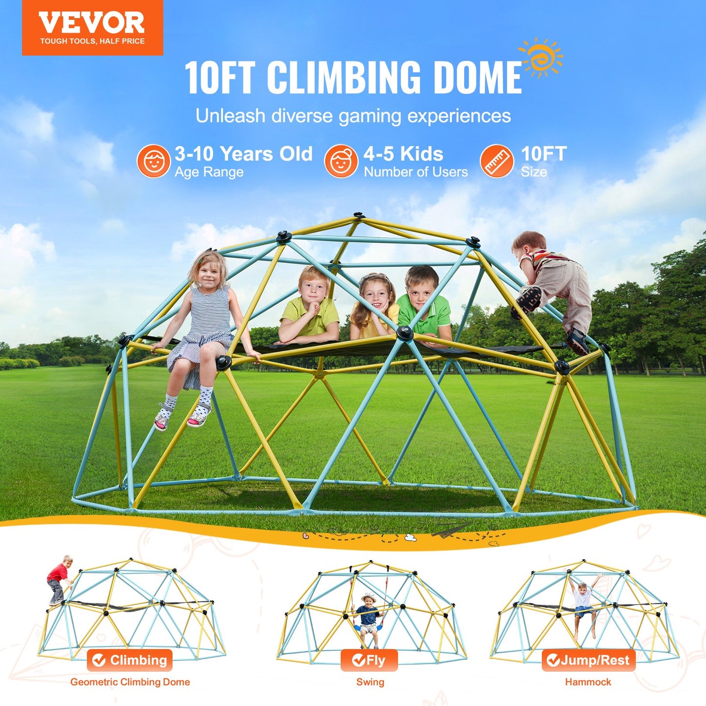 Klätterdome, 10 ft geometrisk kupolklättrare med hängmatta och gunga, för barn 3 till 10 år gamla, Jungle Gym stöder 750 LBS och enkel montering, med klättergrepp, lekutrustning utomhus