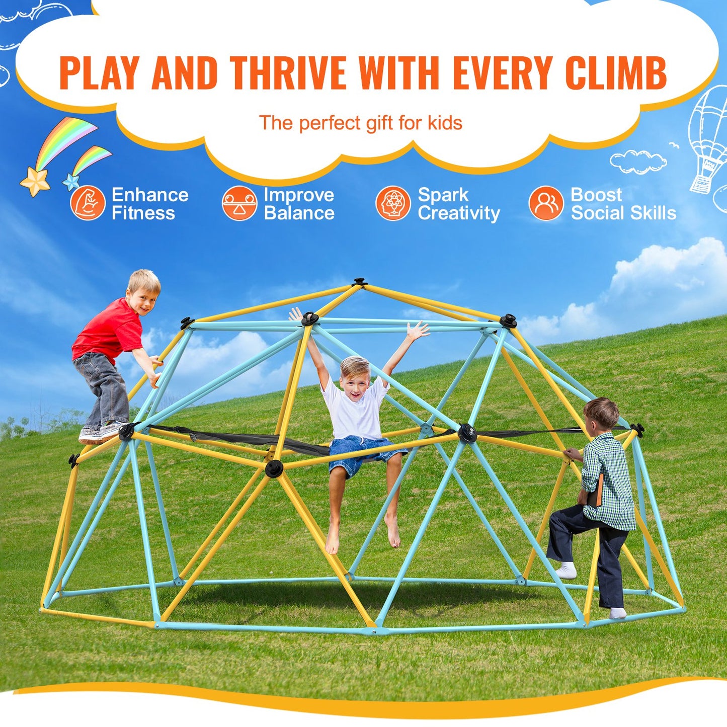 Klätterdome, 10 ft geometrisk kupolklättrare med hängmatta och gunga, för barn 3 till 10 år gamla, Jungle Gym stöder 750 LBS och enkel montering, med klättergrepp, lekutrustning utomhus