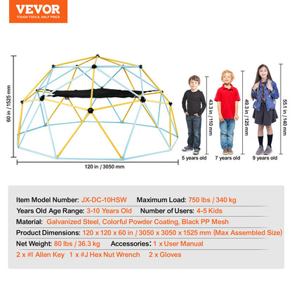 Klätterdome, 10 ft geometrisk kupolklättrare med hängmatta och gunga, för barn 3 till 10 år gamla, Jungle Gym stöder 750 LBS och enkel montering, med klättergrepp, lekutrustning utomhus