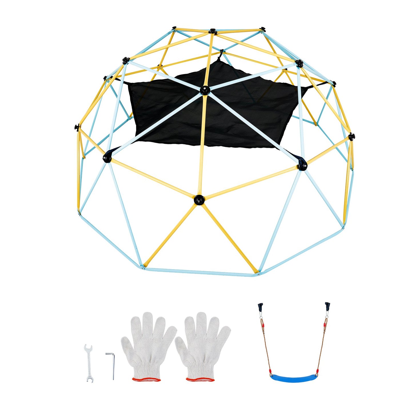 Klätterdome, 10 ft geometrisk kupolklättrare med hängmatta och gunga, för barn 3 till 10 år gamla, Jungle Gym stöder 750 LBS och enkel montering, med klättergrepp, lekutrustning utomhus